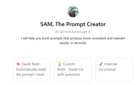 SAM, The Prompt Creator Start Page