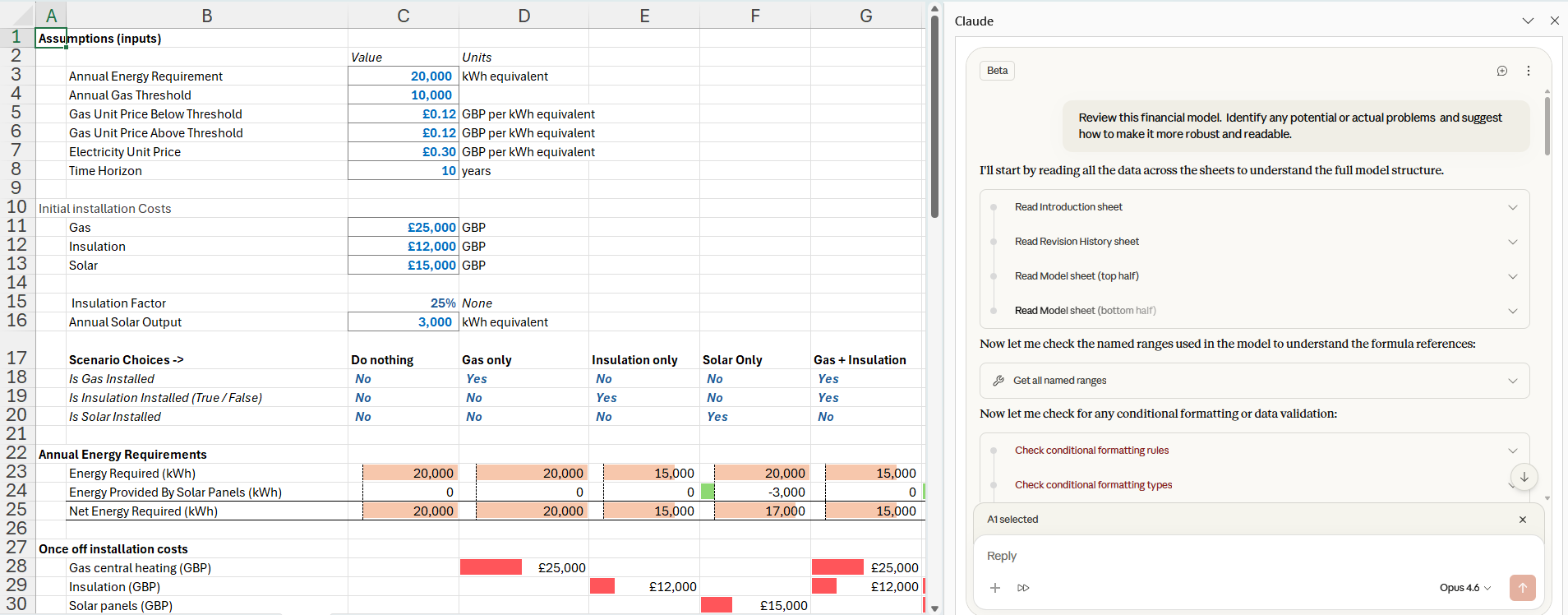 Claude in Excel reviews a financial model