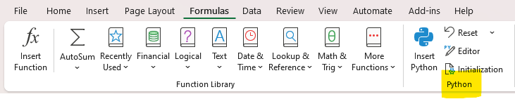 python in formulas ribbon in excel